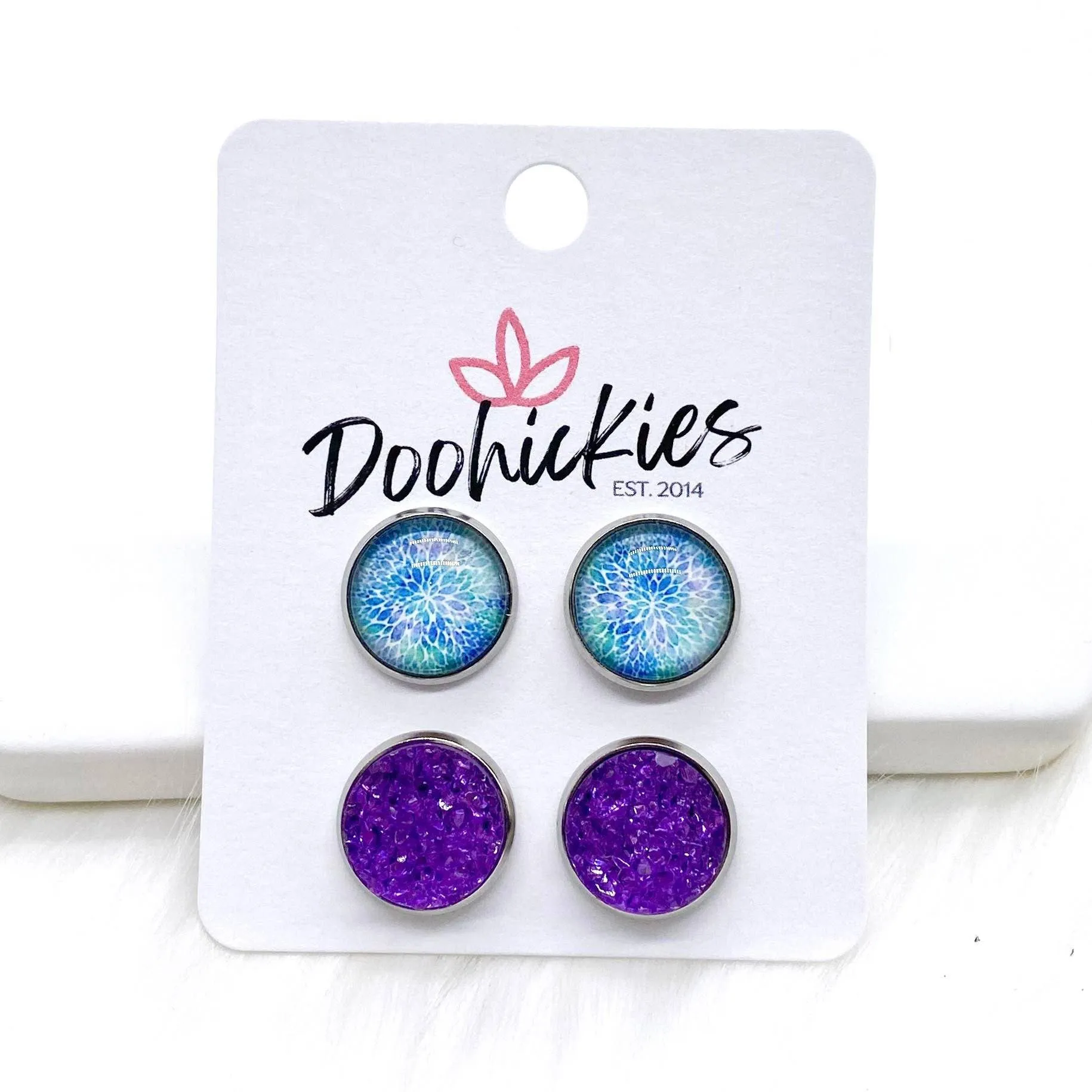 12mm Blue Burst & Purple Sparkles in Stainless Steel Setting