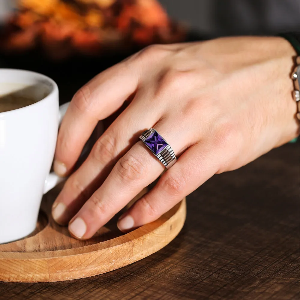 14k White Gold Heavy Ring For Men With Rectangle Purple Amethyst Stone