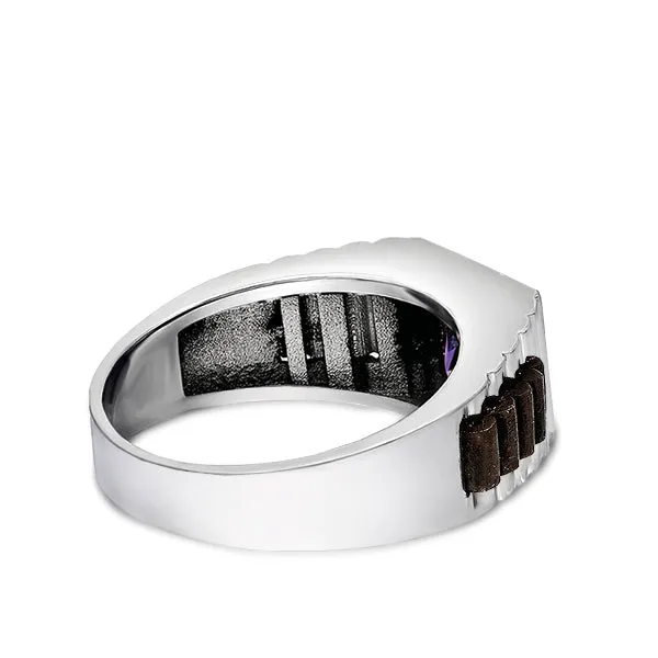 14k White Gold Heavy Ring For Men With Rectangle Purple Amethyst Stone