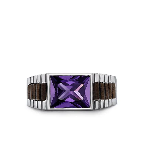 14k White Gold Heavy Ring For Men With Rectangle Purple Amethyst Stone