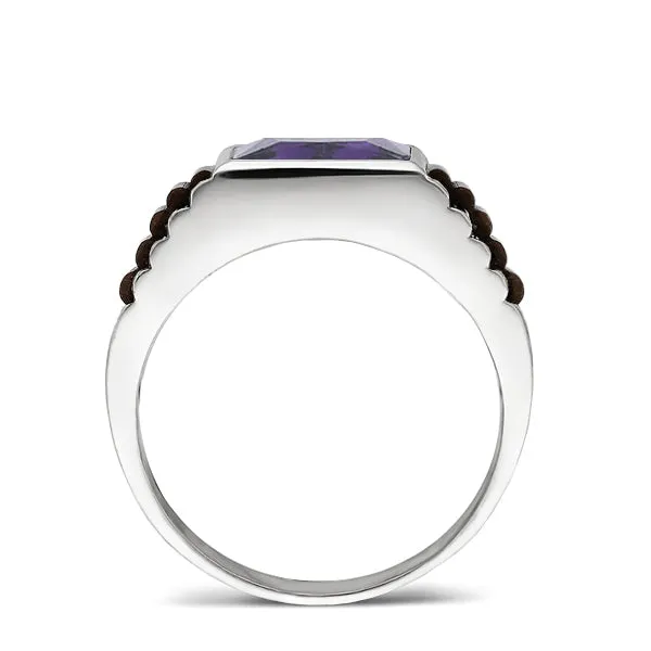 14k White Gold Heavy Ring For Men With Rectangle Purple Amethyst Stone