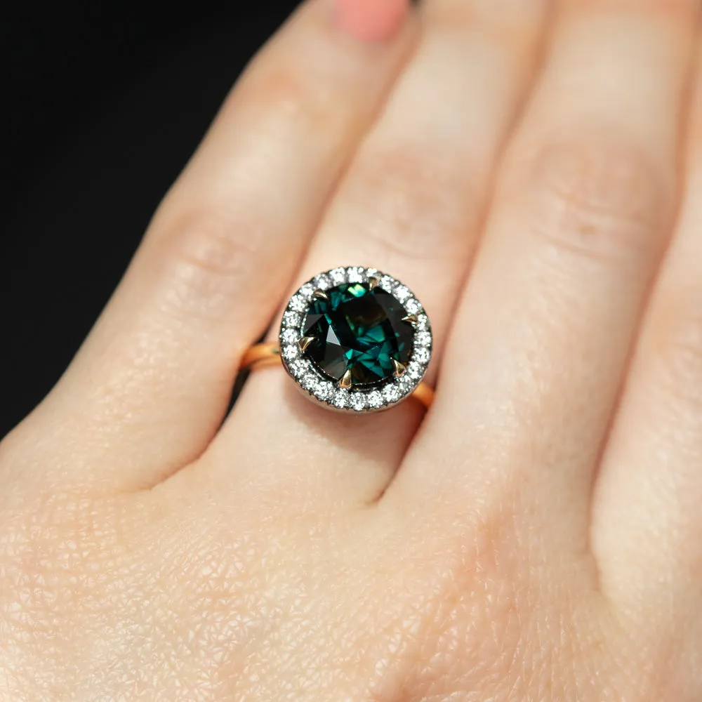 4.0ct Australian Deep Teal Green Sapphire and Blackened Diamond Halo 18k Yellow Gold Six Prong Ring