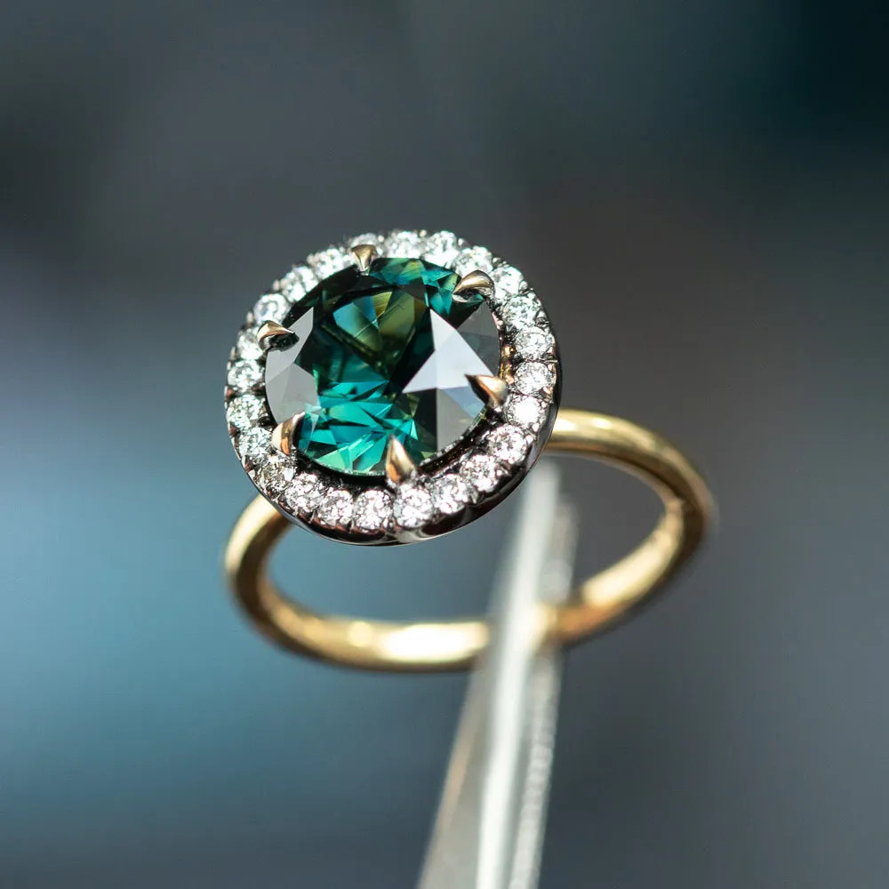 4.0ct Australian Deep Teal Green Sapphire and Blackened Diamond Halo 18k Yellow Gold Six Prong Ring