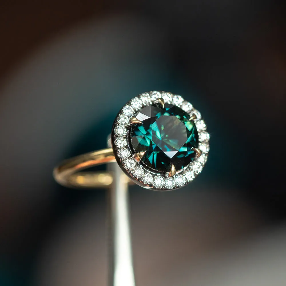 4.0ct Australian Deep Teal Green Sapphire and Blackened Diamond Halo 18k Yellow Gold Six Prong Ring