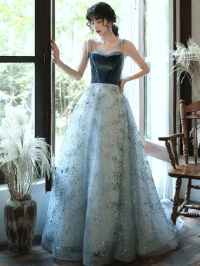 A line Blue Tulle/Velvet Long Prom Dress, Tulle Blue Graduation Dress With Beading Sequin