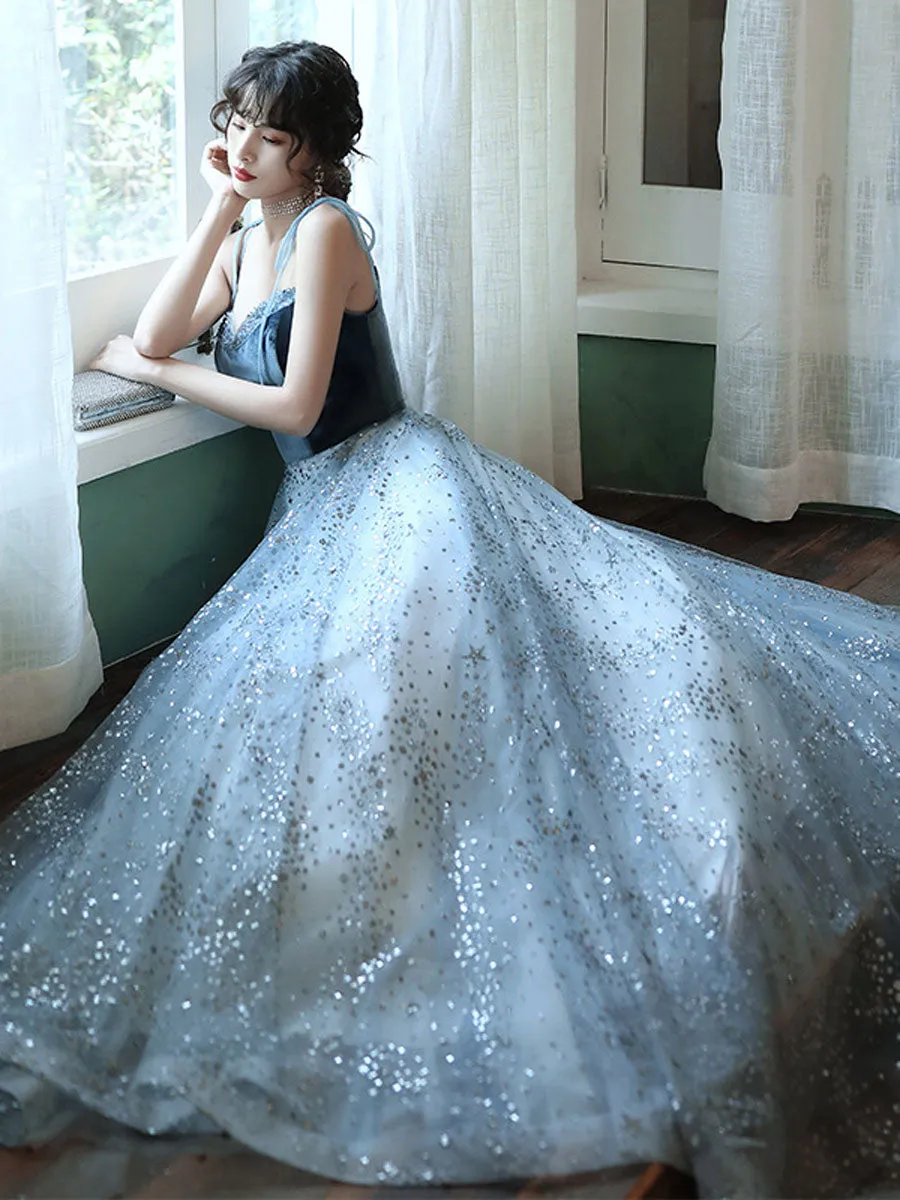 A line Blue Tulle/Velvet Long Prom Dress, Tulle Blue Graduation Dress With Beading Sequin