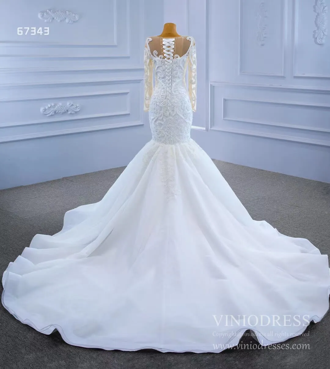 Beaded Off White Mermaid Wedding Dresses with Sleeves 67343