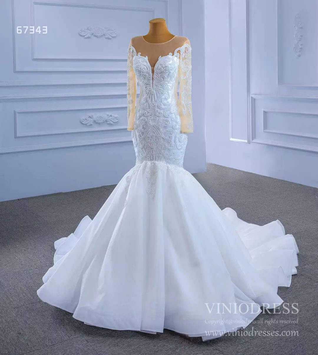 Beaded Off White Mermaid Wedding Dresses with Sleeves 67343