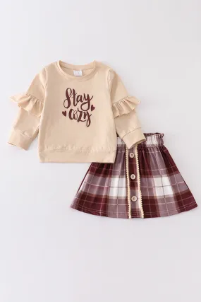 Beige stay cozy ruffle plaid skirt set