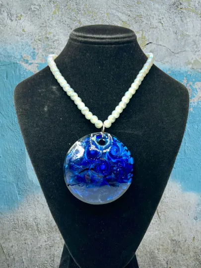 Blue, Black and White Murano Glass Pendant on White Pearl Strand