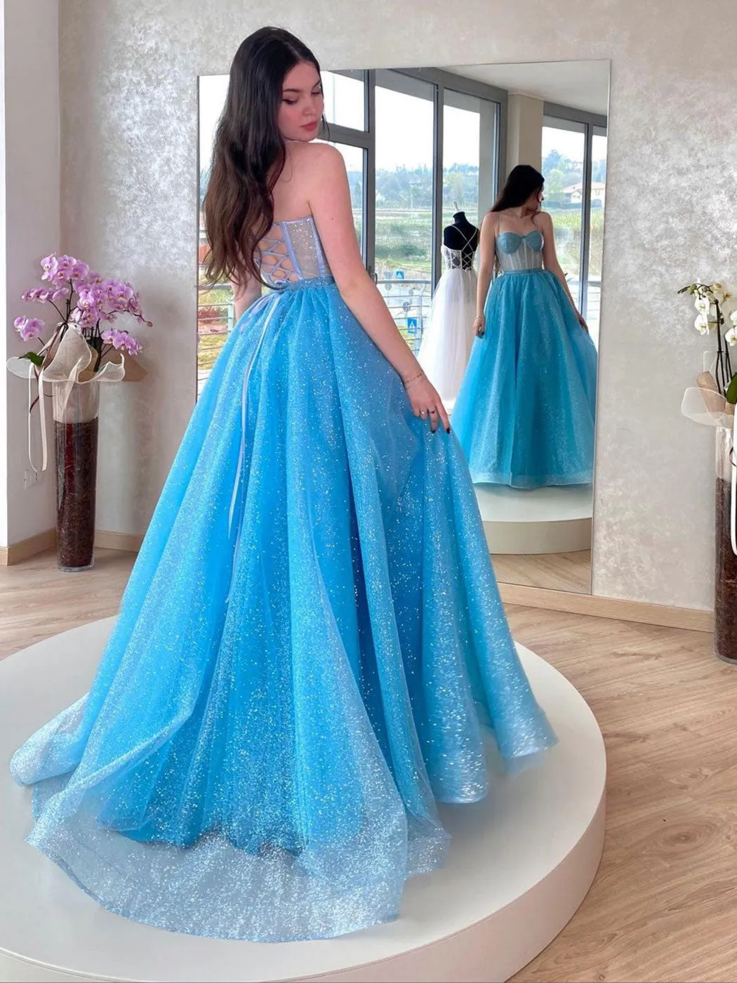 Blue sweetheart neck tulle sequin long prom dress, blue formal dress