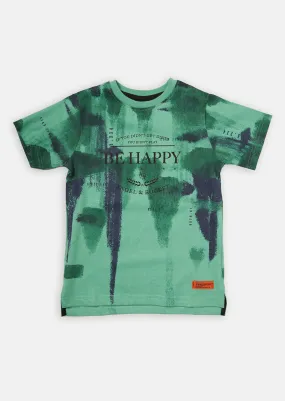 Boys Paint Splat Printed Cotton Green T-Shirt