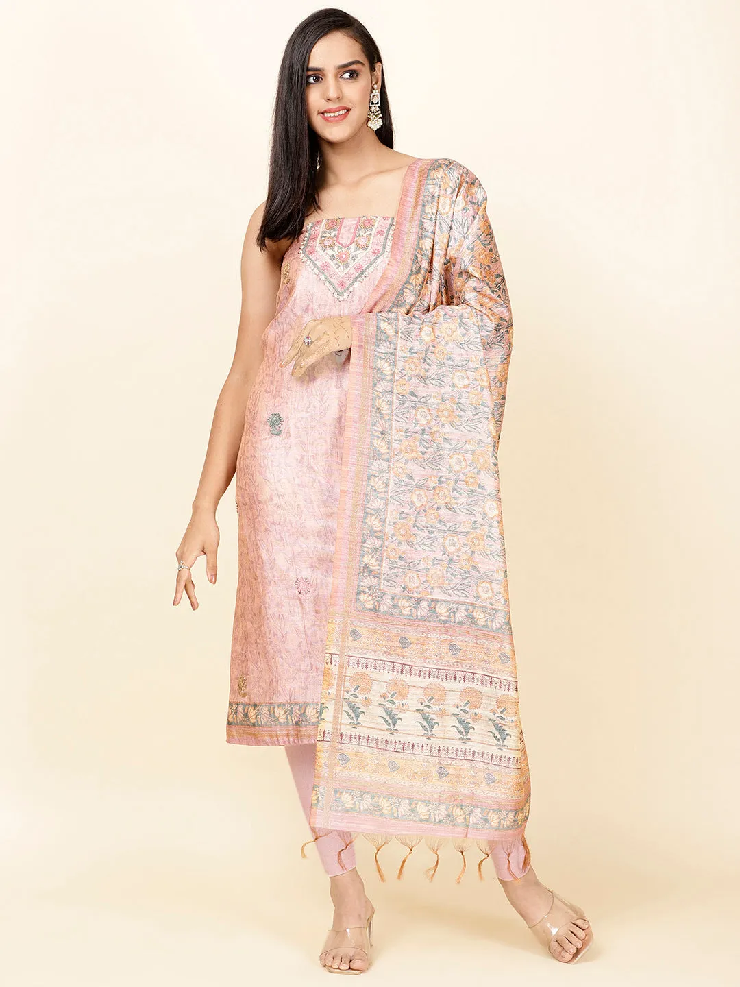 Cotton Unstitched Suit Piece With Chanderi Dupatta