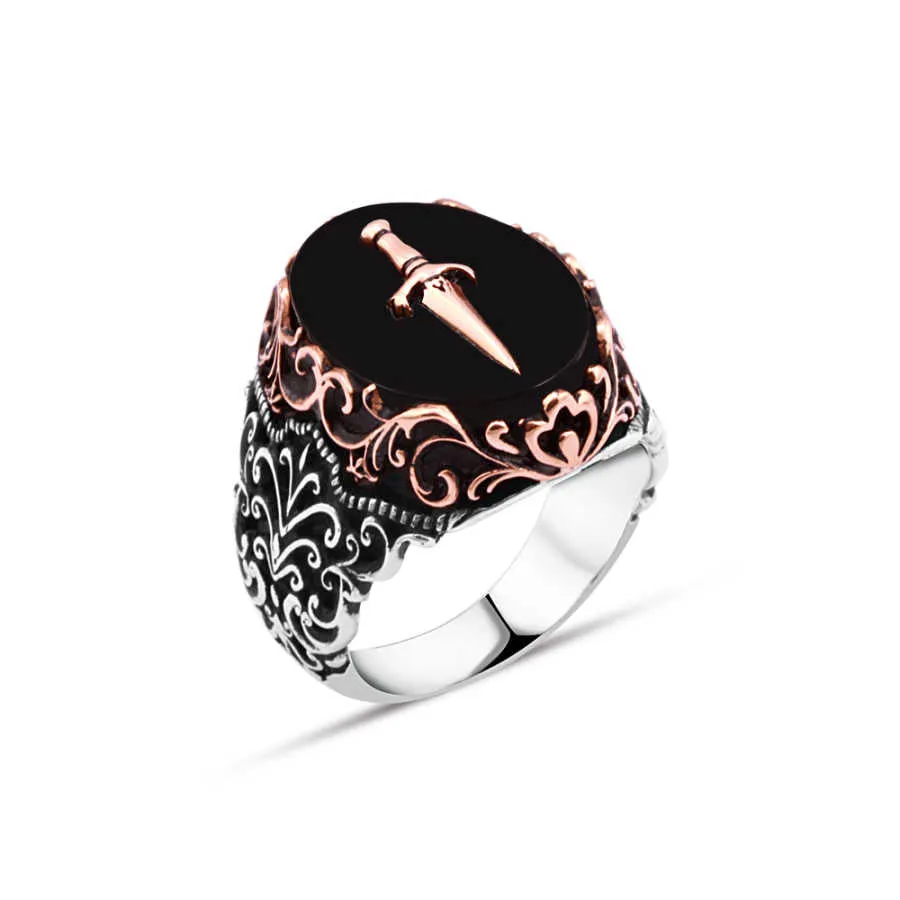 Dagger on Black Ellipse Onyx Stone Silver Men's Ring with Wavy Pattern Around