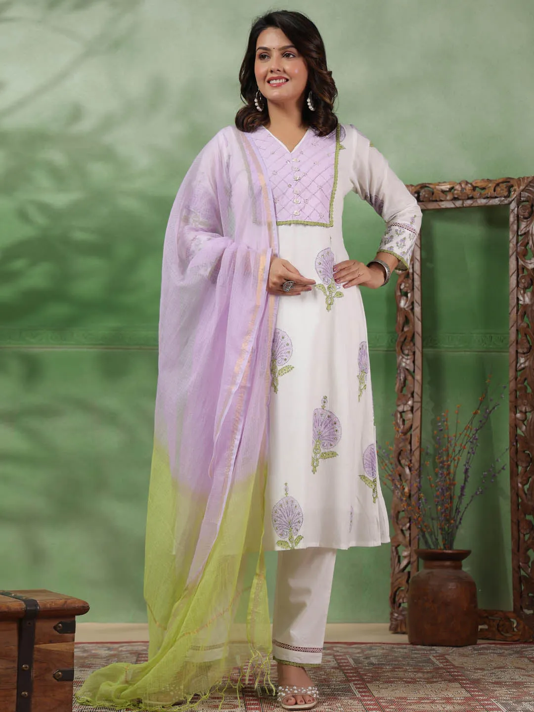 Digital Floral Printed Cotton Kurta With Pants & Dupatta