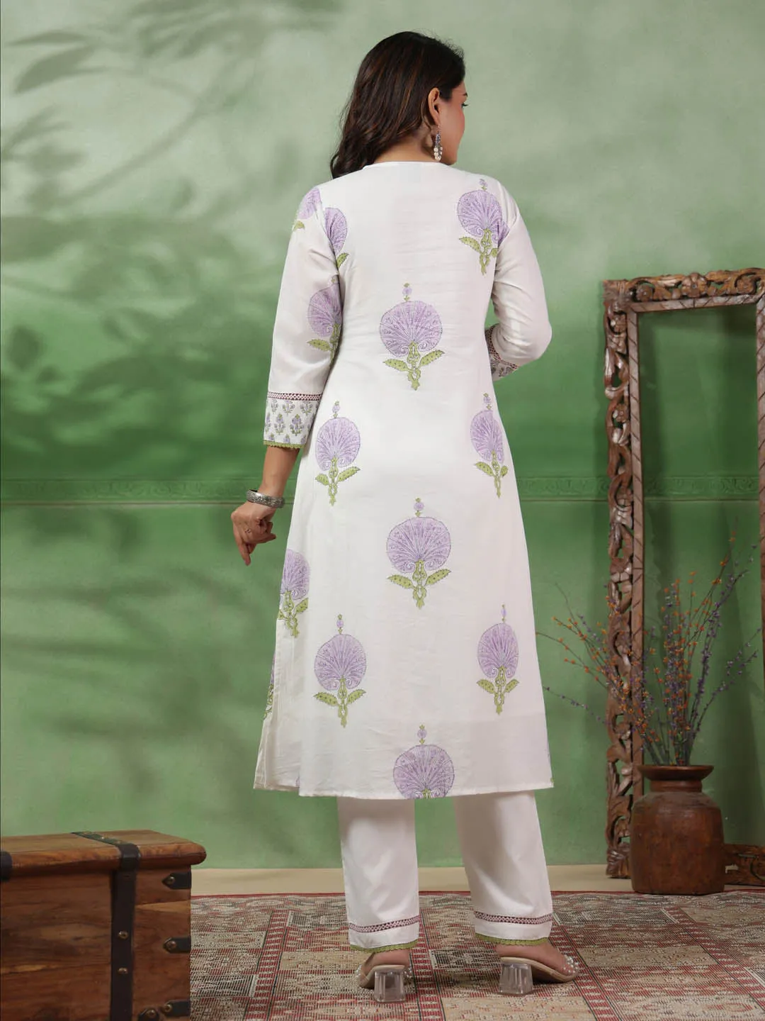 Digital Floral Printed Cotton Kurta With Pants & Dupatta