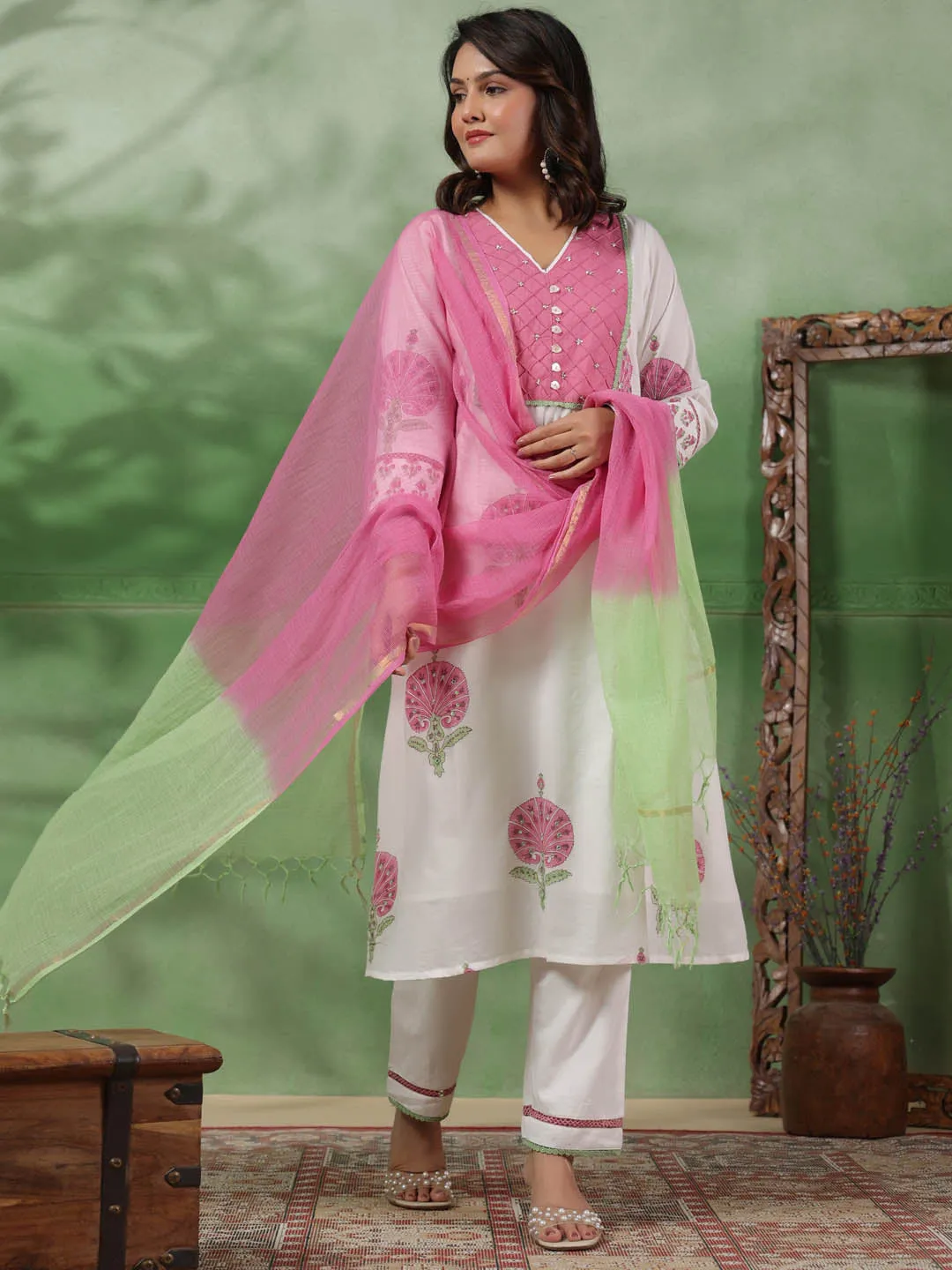 Digital Floral Printed Cotton Kurta With Pants & Dupatta