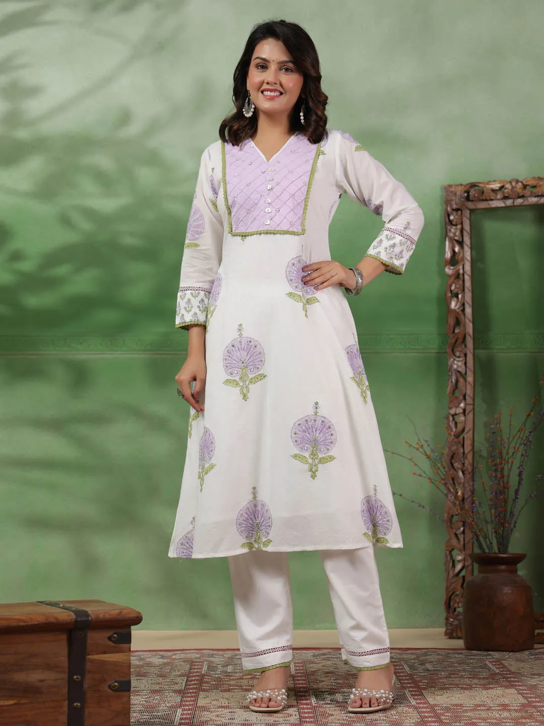 Digital Floral Printed Cotton Kurta With Pants & Dupatta