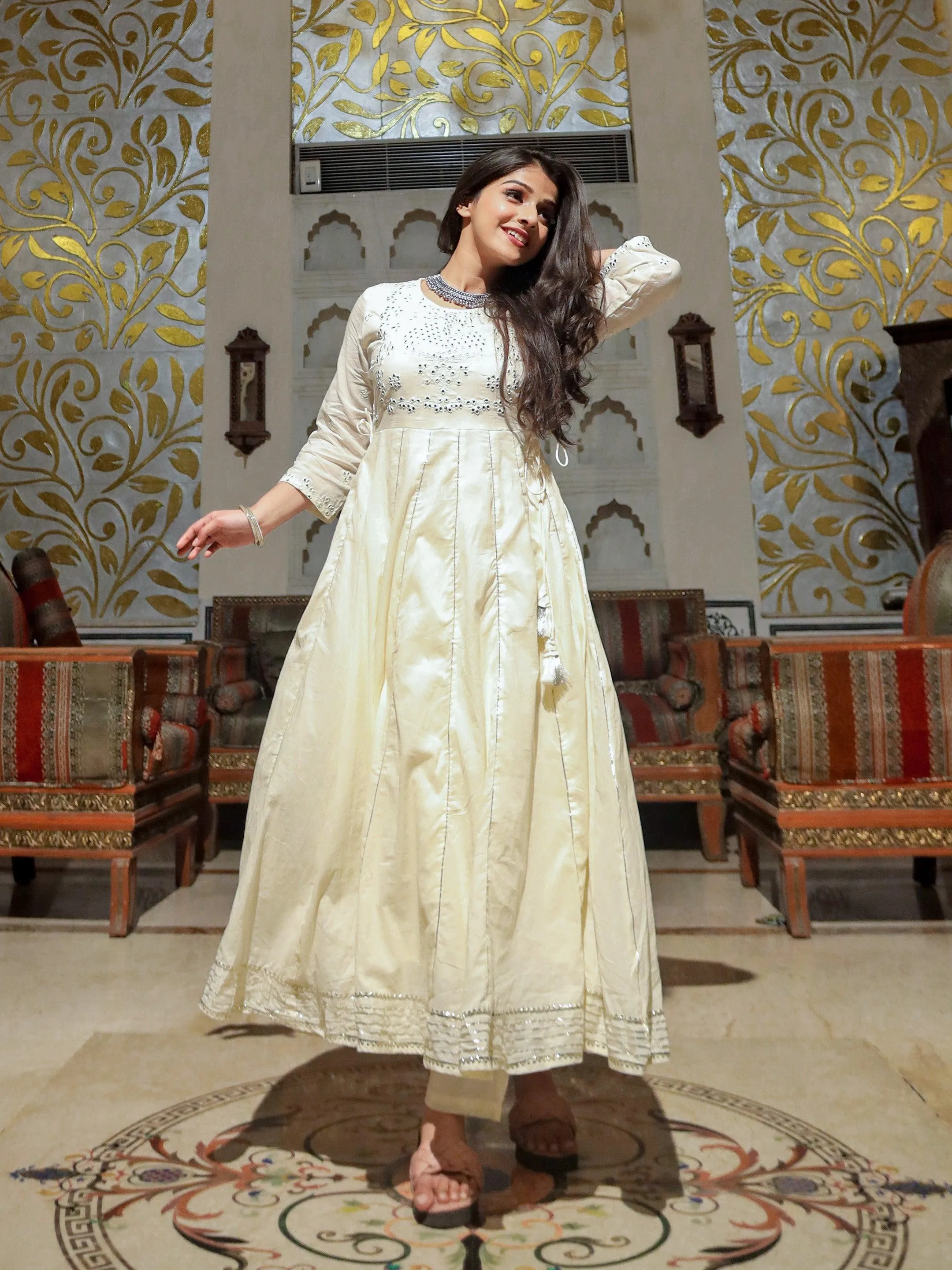 Divena Off White Cotton Anarkali kurta Pant Set