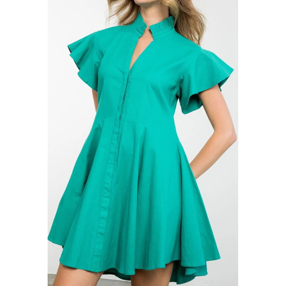 Donna Aqua Flutter Sleeve Button Up THML Dress