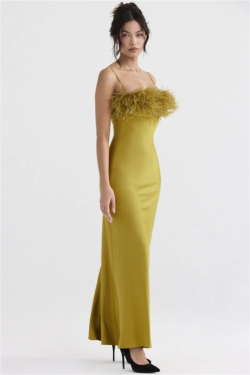 Feather Spaghetti Strap Evening Maxi Dress