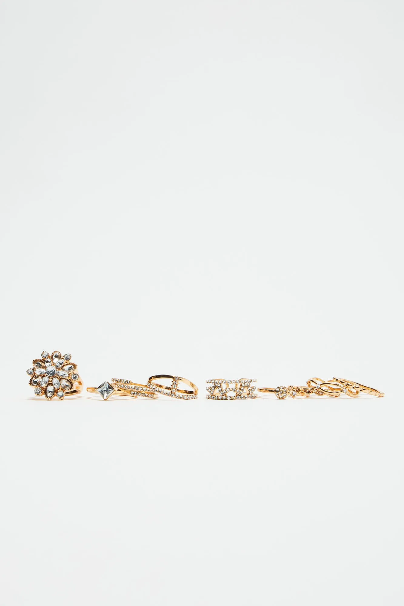 Flowers And Rhinestones Ring Set - Gold