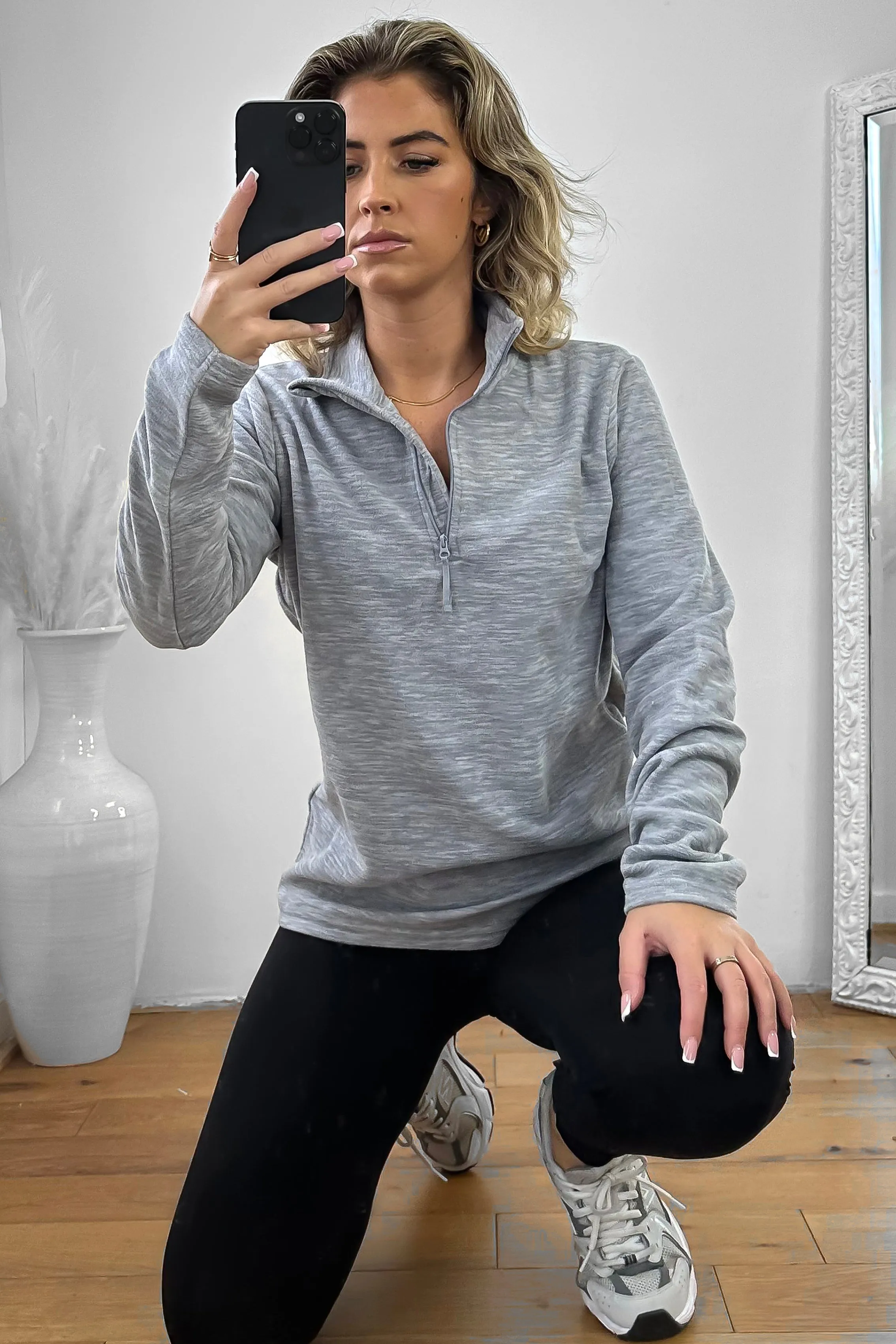 High Zipped Neck Melange Sportswear Top