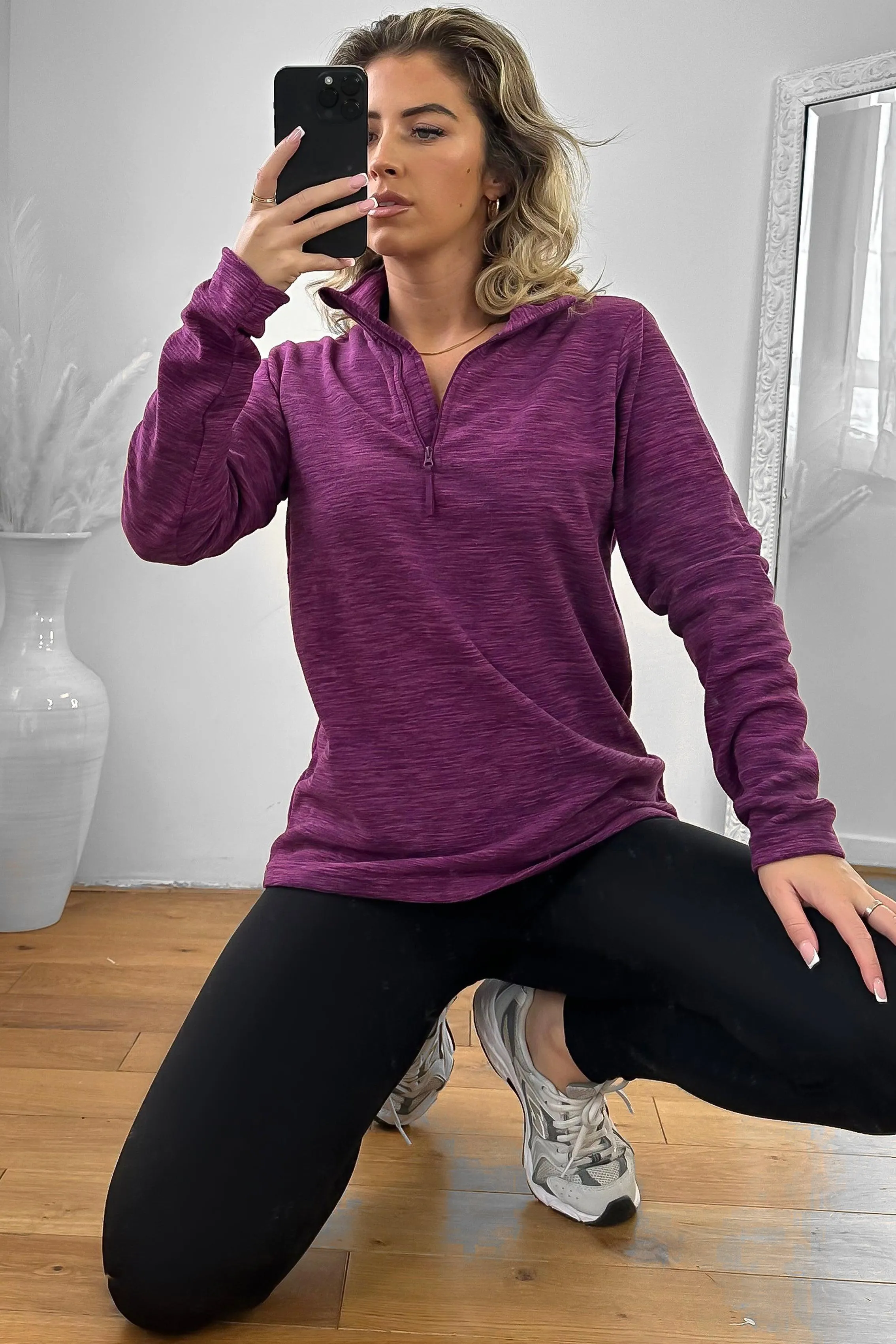 High Zipped Neck Melange Sportswear Top