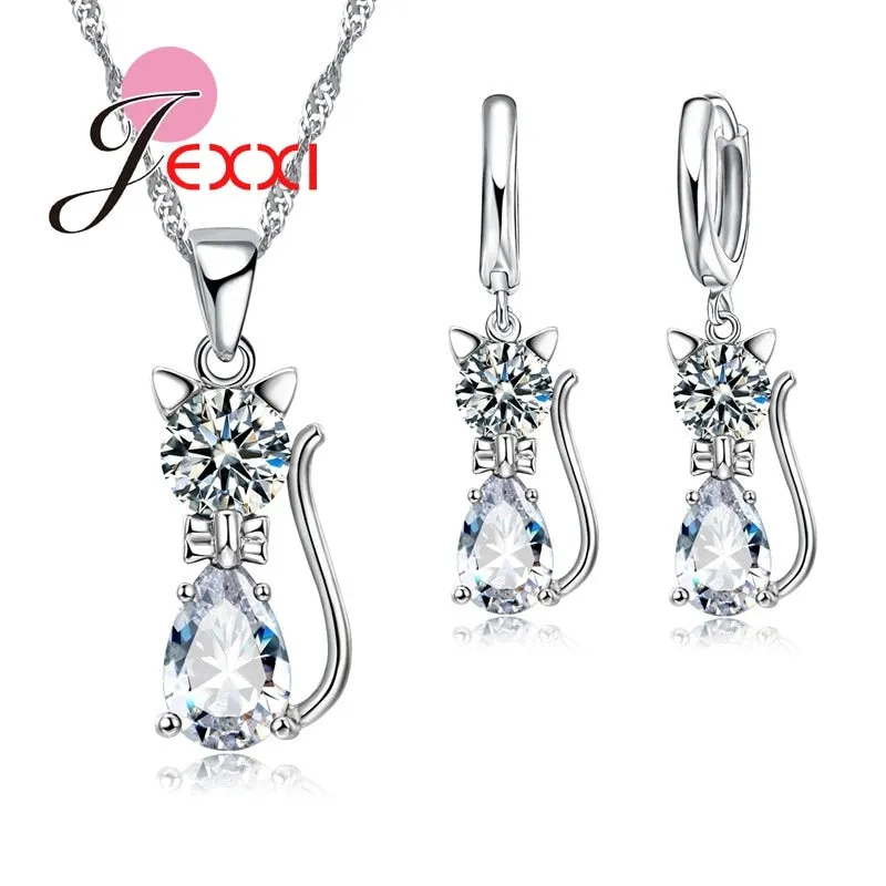 Jewellery Sets Accessories Genuine 925 Sterling Silver  Cubic Zirconia Cat Kitty Necklace Pendant Leverback Earrings Hot