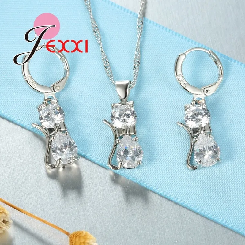 Jewellery Sets Accessories Genuine 925 Sterling Silver  Cubic Zirconia Cat Kitty Necklace Pendant Leverback Earrings Hot