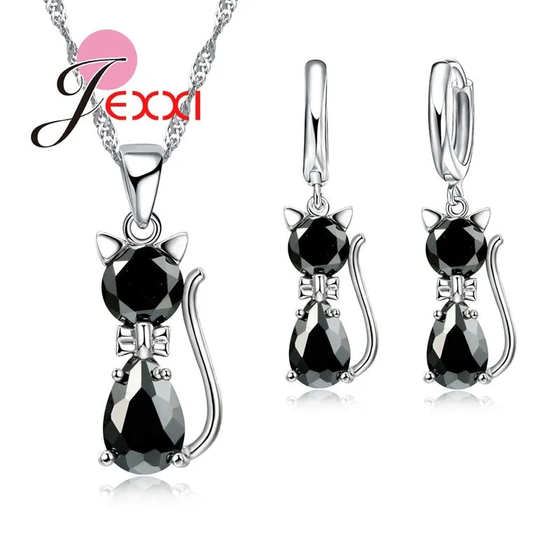 Jewellery Sets Accessories Genuine 925 Sterling Silver  Cubic Zirconia Cat Kitty Necklace Pendant Leverback Earrings Hot