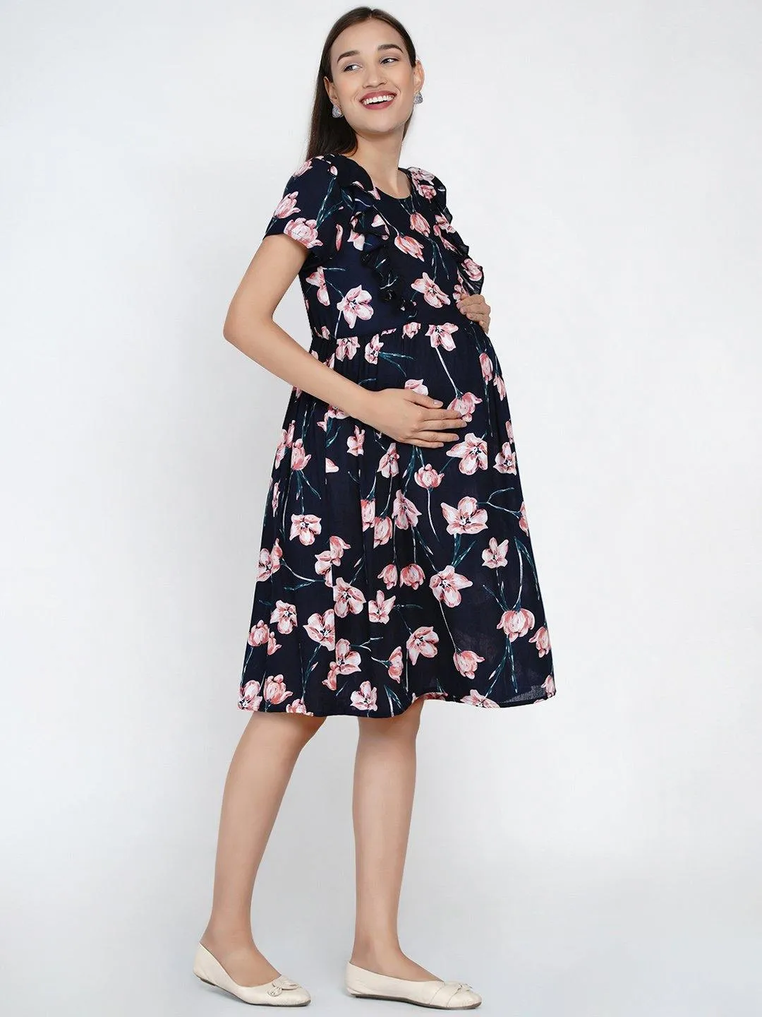 Navy floral ruffled Midi Rayon Maternity & Nursing Dress