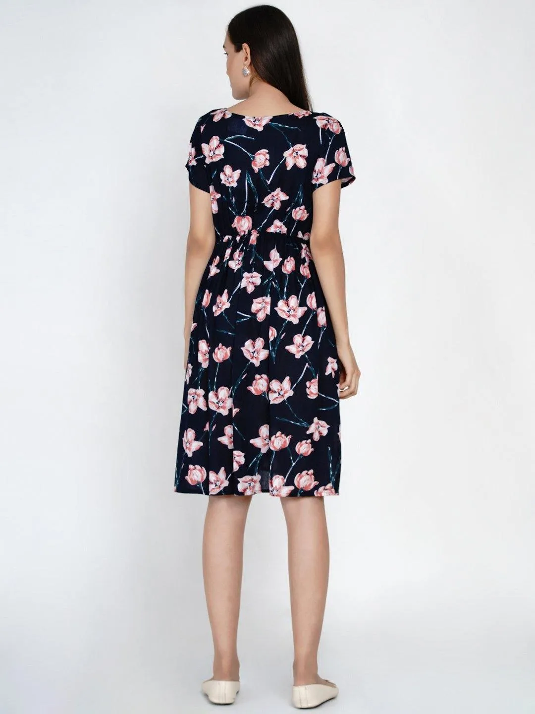 Navy floral ruffled Midi Rayon Maternity & Nursing Dress