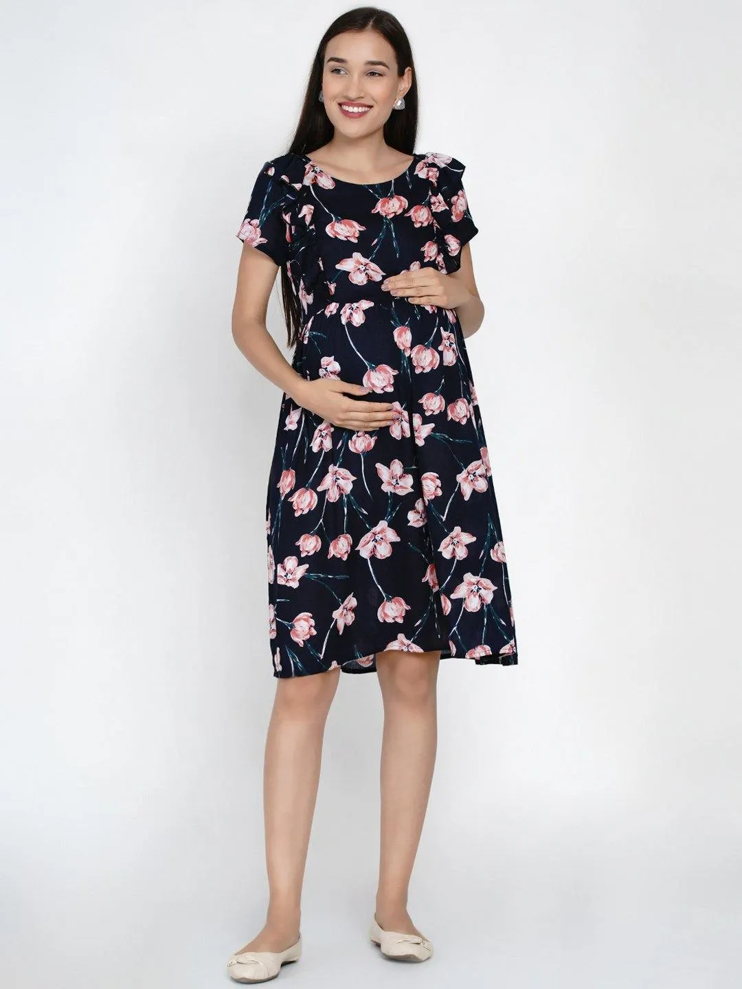 Navy floral ruffled Midi Rayon Maternity & Nursing Dress