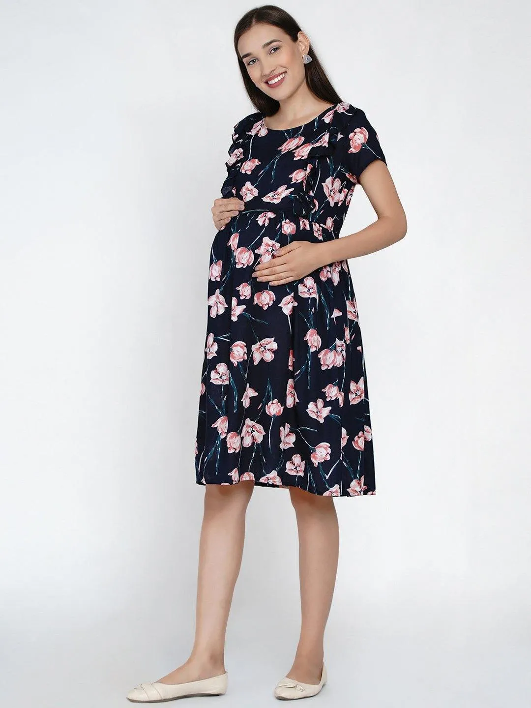 Navy floral ruffled Midi Rayon Maternity & Nursing Dress