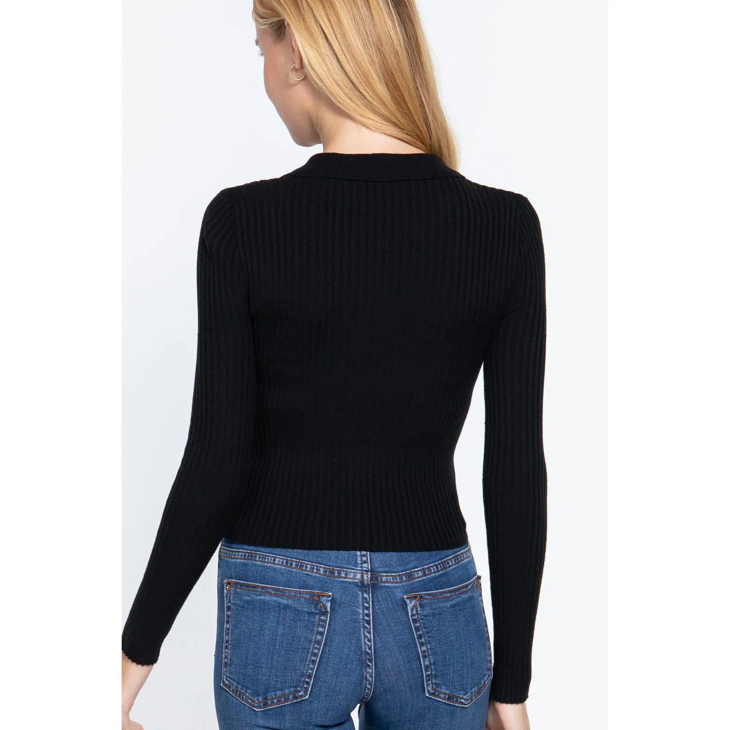 Notched Collar Zippered Sweater