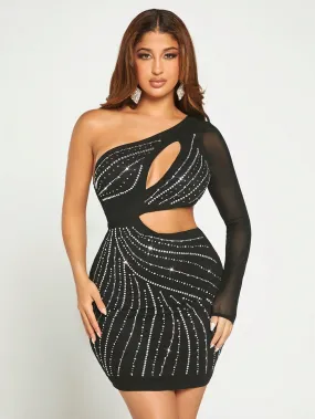 One Shoulder Cut Out Rhinestone Bodycon Dress