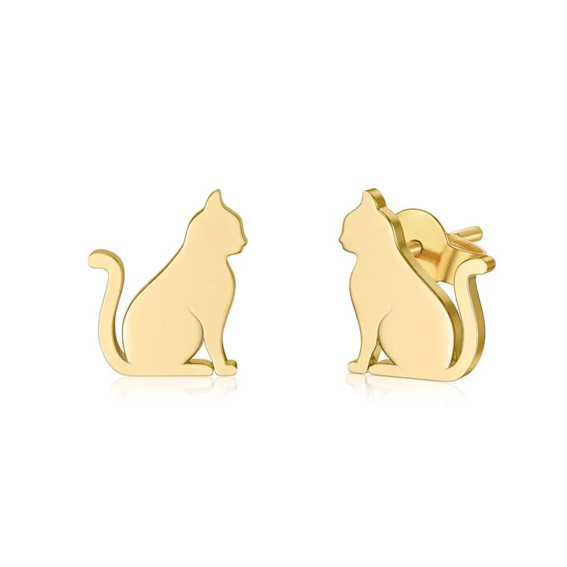 Solid 14k Gold Cat Earrings Real 14 Carat Gold Stud Earrings for Women Teens Animal Jewelry Gifts for Her