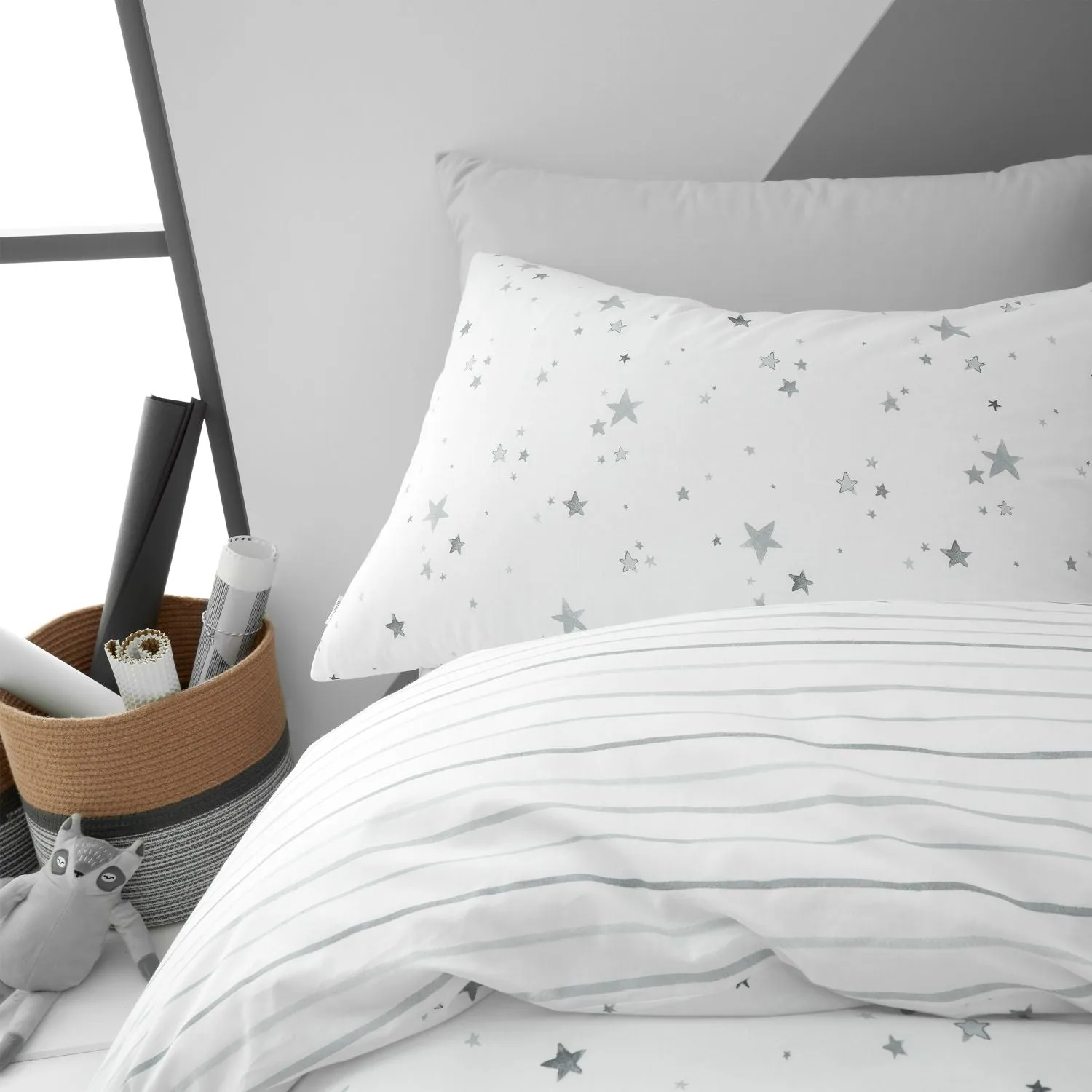 Stars Cotton Duvet Cover Set - Grey/White